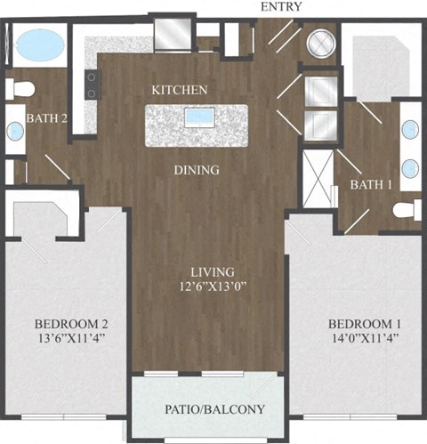Floor plan for 2 beds, 2 baths, 1108 sqft